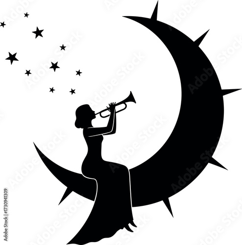 Silhouette woman playing trumpet on crescent moon with stars, celestial music concept, fantasy night scene, artistic vector illustration