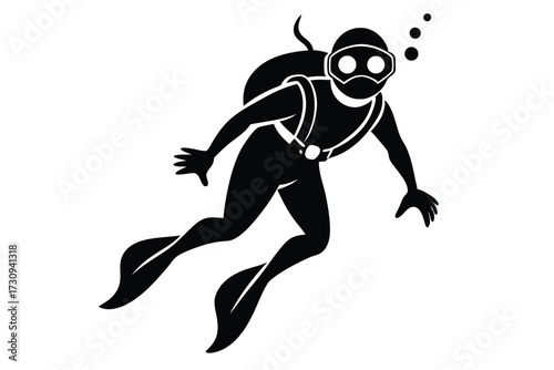 Black Silhouette Depicts Scuba Diver with Fins and Bubbles Underwater Illustration
