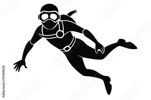 Silhouette of a Scuba Diver with Mask, Tank, and Fins in Motion