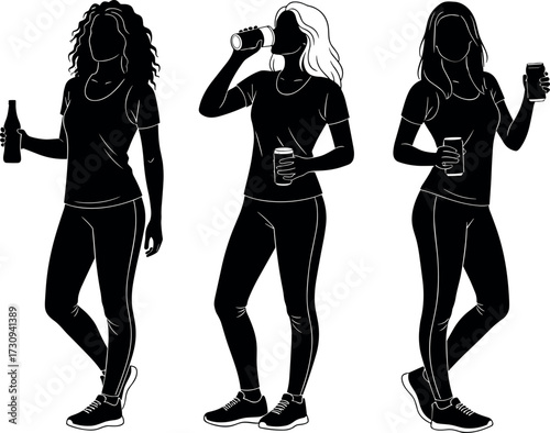 Silhouette women drinking beverages in casual athletic wear, holding bottles, cups, and phones, standing relaxed in social outdoor scene