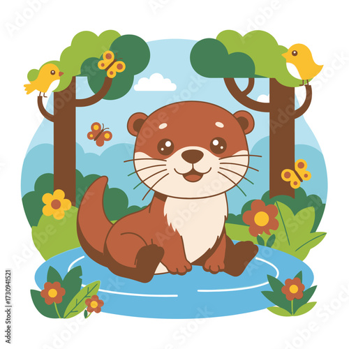 Cute cartoon otter sitting by a blue pond surrounded by trees flowers and butterflies isolated on white background