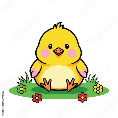 Cute cartoon yellow chick sitting on grass with flowers isolated on white background