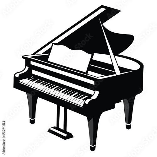 Graphic Black and White Grand Piano with Sheet Music, Open Lid Illustration
