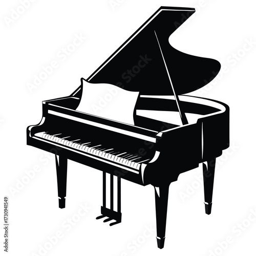 Elegant Grand Piano with Music Sheet in Black and White Vector Illustration
