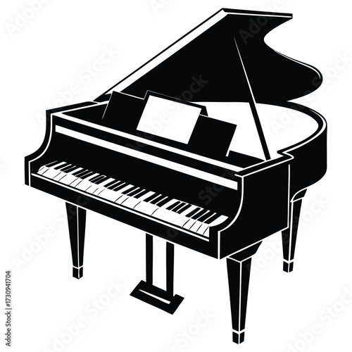 Black and White Illustration of a Grand Piano with Sheet Music Ready to Play