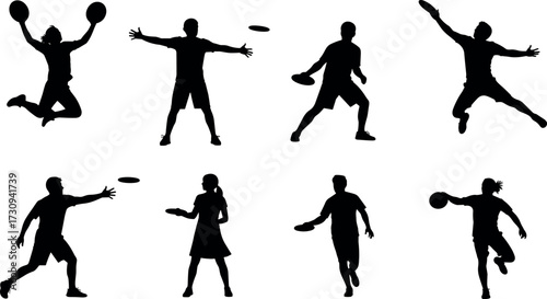 Silhouettes of People Playing Frisbee in Dynamic Poses, Catching and Throwing Flying Discs, Outdoor Sport Activity Vector Illustration Isolated