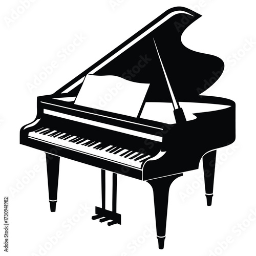 Detailed Black and White Illustration of a Grand Piano with Sheet Music Resting Upon It