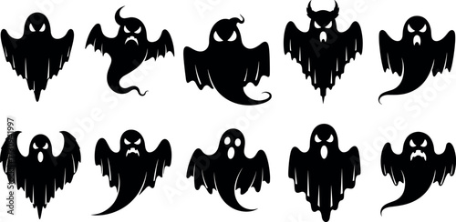 Spooky black ghost silhouettes with creepy expressions, perfect for Halloween design, horror themes, haunted decorations, and supernatural vector illustrations