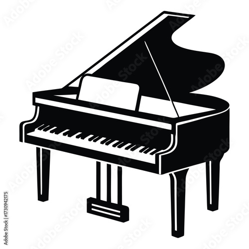 Illustration of Black Grand Piano with Sheet Music Holder and Pedals Visible