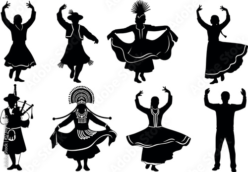 Traditional Cultural Dance Silhouettes from Around the World Featuring Folk Costumes, Ethnic Attire, Tribal Headdress, and Musical Instruments