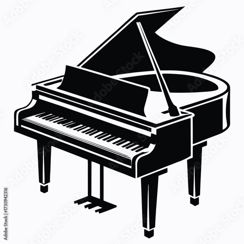Elegant black and white graphic illustration of a grand piano with open lid