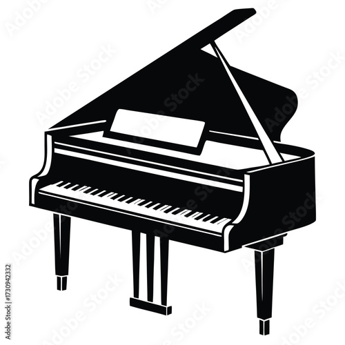 Elegant Silhouette of a Grand Piano with Raised Lid and Music Stand Shown