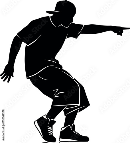 Urban street dancer silhouette in dynamic pose wearing cap and sneakers, performing hip hop move with expressive attitude and energy.