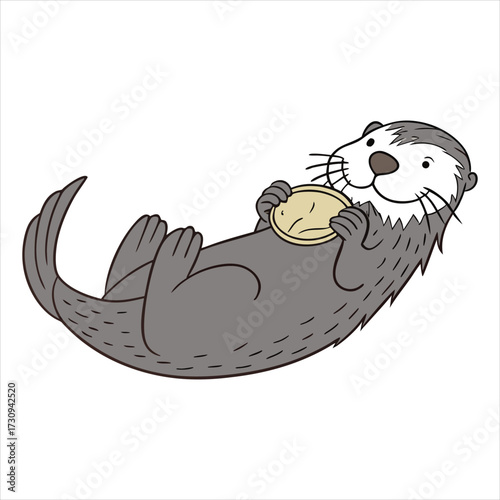 This is a simple, black-and-white line drawing of an otter. The otter is depicted in a cute, cartoonish style, lying on its back with its paws clasped together near its chest. 