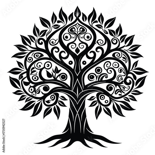 Elaborate Black Silhouette Tree with Swirls, Leaves, and Intricate Design Details