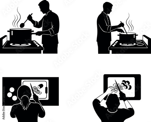 Vector illustration of people cooking and chopping vegetables in kitchen scenes, food preparation process, culinary activity, black and white artwork.