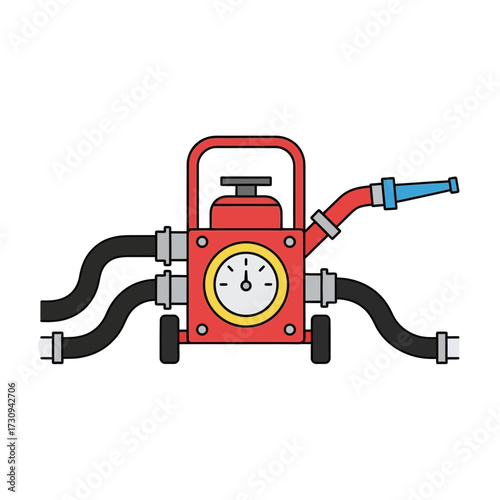 Red firefighting pump with hoses gauge and handle on white background.