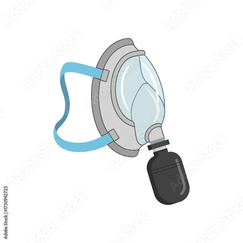 Illustration of a medical oxygen mask with blue straps on a white background.
