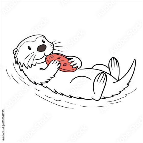 This is a simple, black-and-white line drawing of an otter. The otter is depicted in a cute, cartoonish style, lying on its back with its paws clasped together near its chest. 