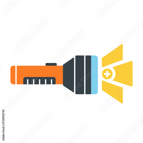 Orange flashlight with light beam illustration on white background.