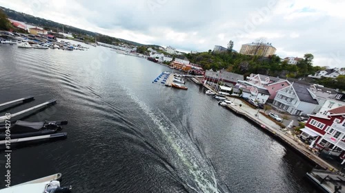Drone flyover of Kragerø city center in september