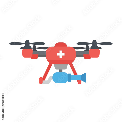 Red medical drone carries a blue package isolated on a white background.