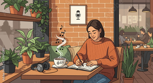 A woman engrossed in writing amidst a cozy cafe setting with soothing background music