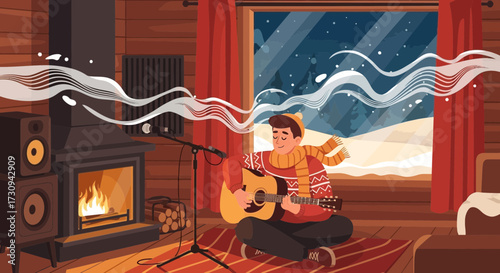 Cozy winter scene with musician playing guitar by fireplace in a log cabin