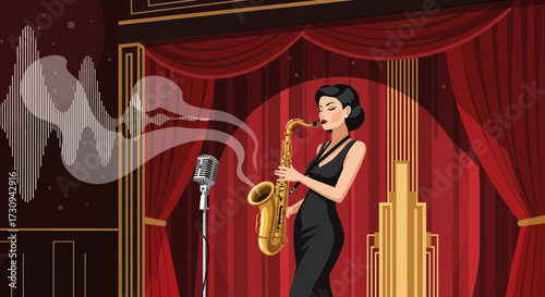 Vintage jazz vibes: Elegant woman playing saxophone on stage with microphone