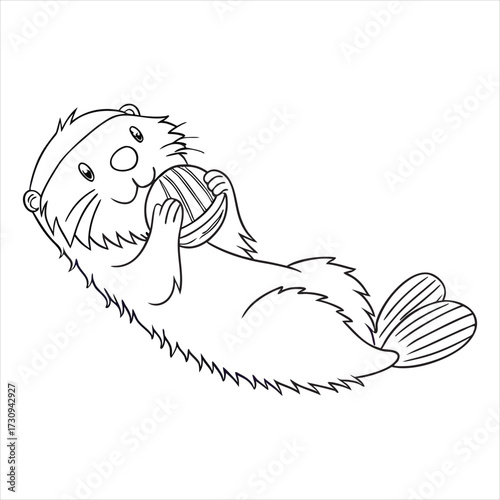 This is a simple, black-and-white line drawing of an otter. The otter is depicted in a cute, cartoonish style, lying on its back with its paws clasped together near its chest. 