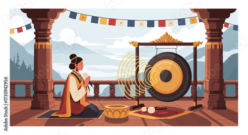 Serene mediation session with the woman playing ceremonial gong in the monastery