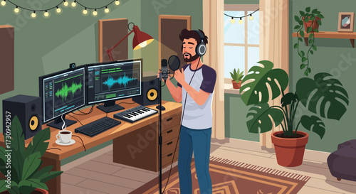 Young musician immersed in the creative process within his home studio setup