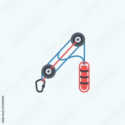 Pulley system with carabiner and weight on a light blue background.