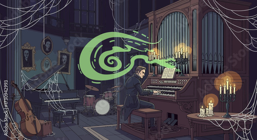 Eerie composition: a musician playing organ in spooky mansion filled with instruments