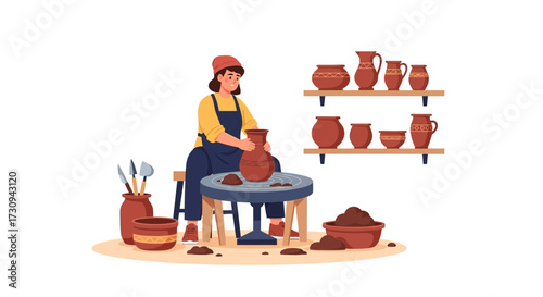 Illustration of a female artist shaping a clay pot on a spinning pottery wheel