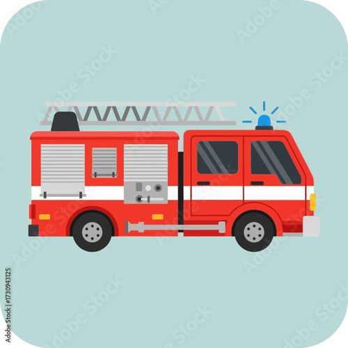 Red fire truck illustration on a light blue square background.