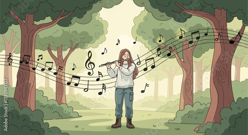Harmonious flute serenade in verdant woods, musical notes dancing through tree branches