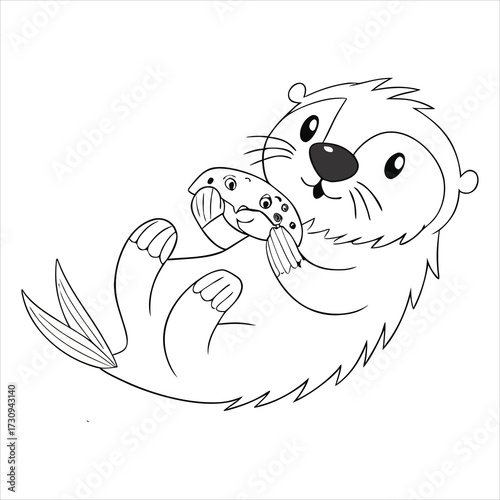 This is a simple, black-and-white line drawing of an otter. The otter is depicted in a cute, cartoonish style, lying on its back with its paws clasped together near its chest. 