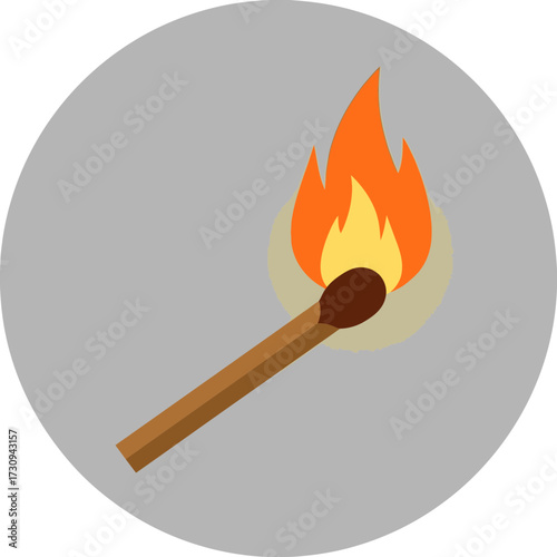 Lit matchstick with flame against a gray circular background illustration.