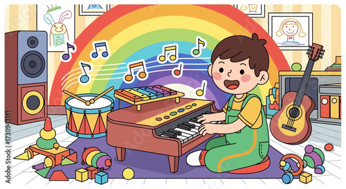 A happy boy plays piano in a vibrant room full of musical instruments and toys