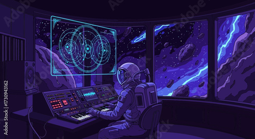 Astronaut creating electronic music in a futuristic space station studio