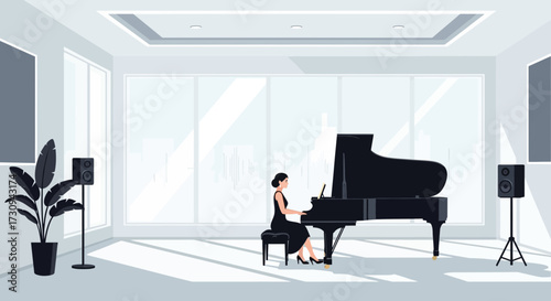 Elegant pianist gracefully performing on a grand piano in a modern minimalist space