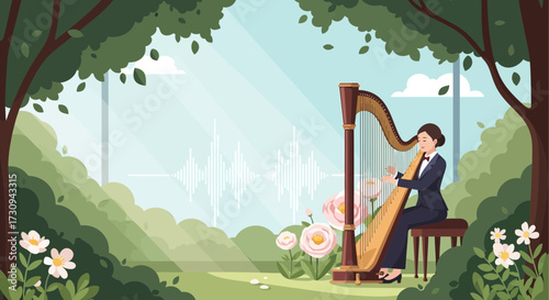 Woman playing harp within serene meadow framed by trees and delicate flora