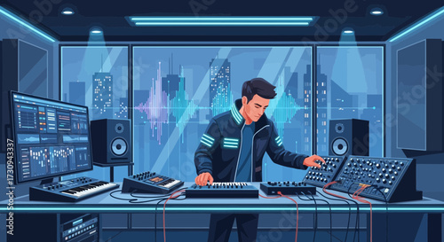 Electronic music creator in modern studio amidst urban scenery creates soundscapes