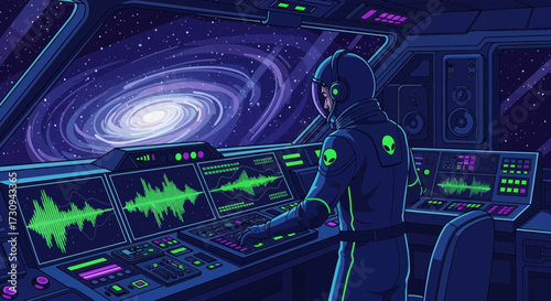 Cosmic Navigator: Alien Pilot at the Helm of a Starship Amidst the Galaxy