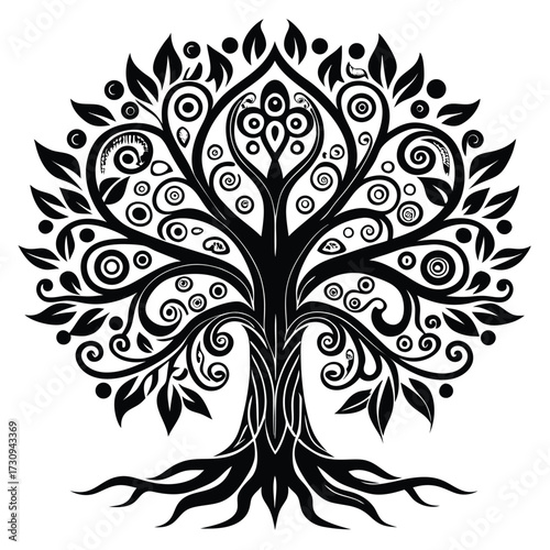 Elegant Tree of Life Illustration Stylized Black Tree with Intricate Swirls and Leaves