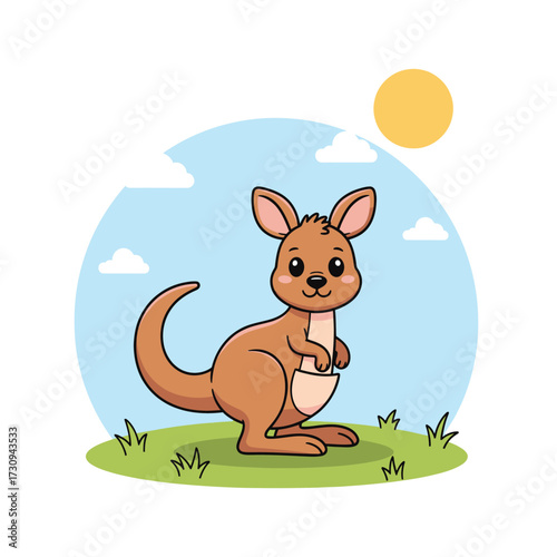 Cute cartoon kangaroo with a joey in its pouch on a grassy field isolated on white background