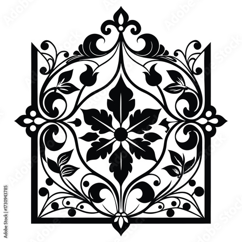 Intricate Black Floral Ornament Symmetrical Leaves, Flourishes, and Geometric Square Border Elements
