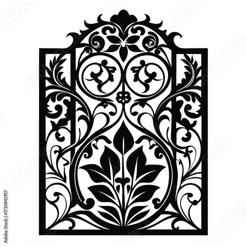 Ornate Floral Scrollwork Silhouette Intricate Black Leaf and Flower Design in a Frame