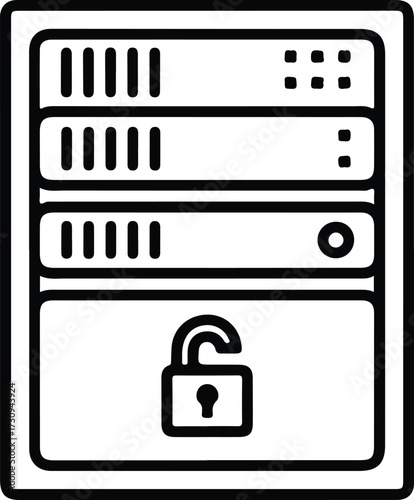Silhouette data server rack with open padlock security vector illustration